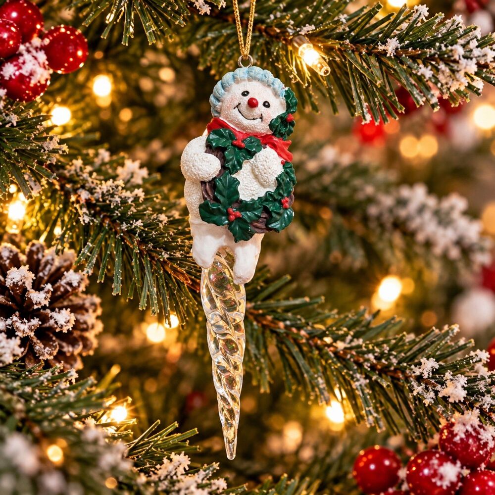 Vintage 1995 Avon Snowman Icicle Christmas Ornament Holly Wreath Clear Twist